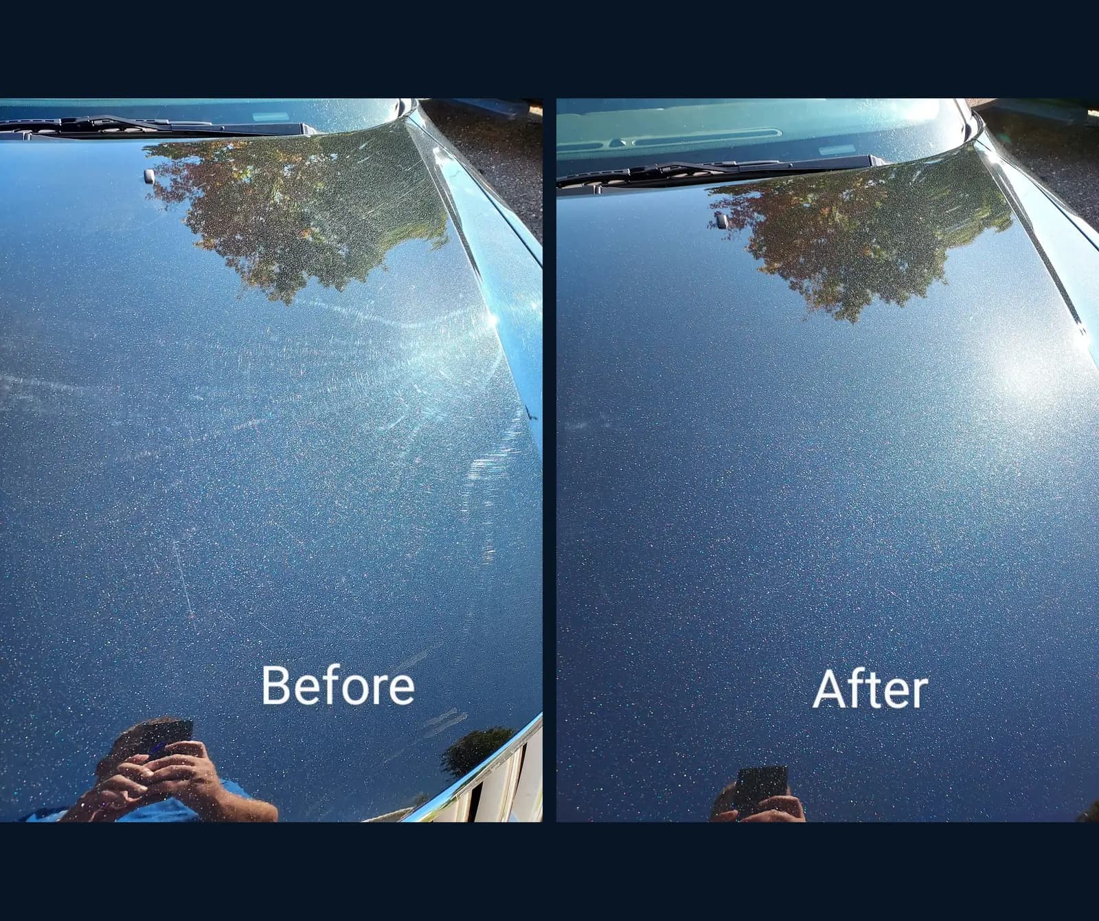 Sedan hood covered in swirl marks on the left, the same hood swirl-free and sharp after paint correction on the right